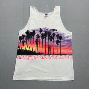 Vintage 80s Oneita‎ Power-T Florida Palm Tree Sunset Tank Top Large Beach